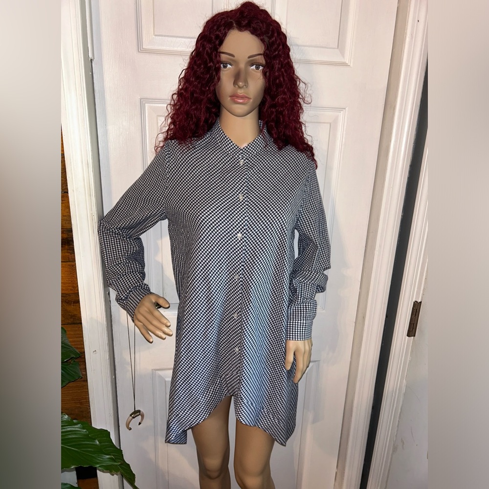Anne Klein Button Front Blouse Tunic Top Gingham Navy Blue